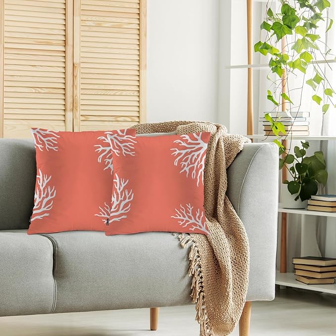 Swono Ocean Coral Farmhouse Throw Pillow Covers, Tropical Sea Coral Reef Nature Set of 2 Cushion Case Pillow Cover for Bed Sofa Couch, Square Throw Pillowcases for Men Women 18x18 Inch Orange White