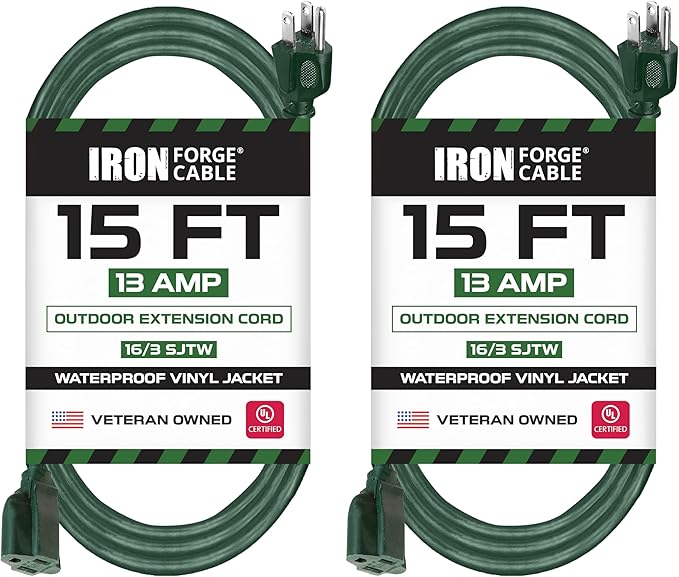 Pack of 2 Outdoor Extension Cords, 15 FT ea - 16/3 Durable Green 3 Prong Extension Cord Pack