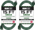 Pack of 2 Outdoor Extension Cords, 15 FT ea - 16/3 Durable Green 3 Prong Extension Cord Pack