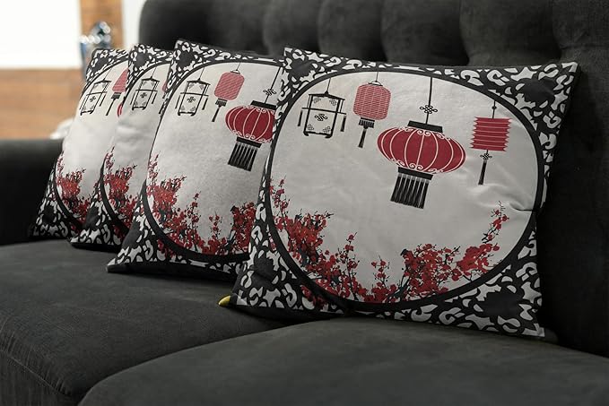 Ambesonne Lantern Throw Pillow Cushion Case Pack of 4, Lanterns with Japanese Sakura Cherry Blossom Trees Round Ornate Graphic, Modern Accent Double-Sided Digital Printing, 18", Red Beige