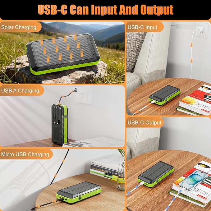 Solar Power Bank 33800mAh with Super Bright LED Flashlight, Built-in 4 Cables & Wireless Charging, Portable Charger with Compass, 7 Outputs & 4 Inputs for Camping/Hiking(Green)