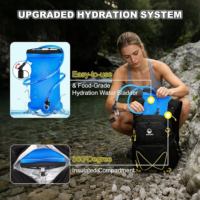 Hydration Backpack 22L, Hiking Backpack with 2L Leakproof Bladder, Sewn-in Rain Cover, Insulated Compartment for Men & Women Running, Cycling, Camping