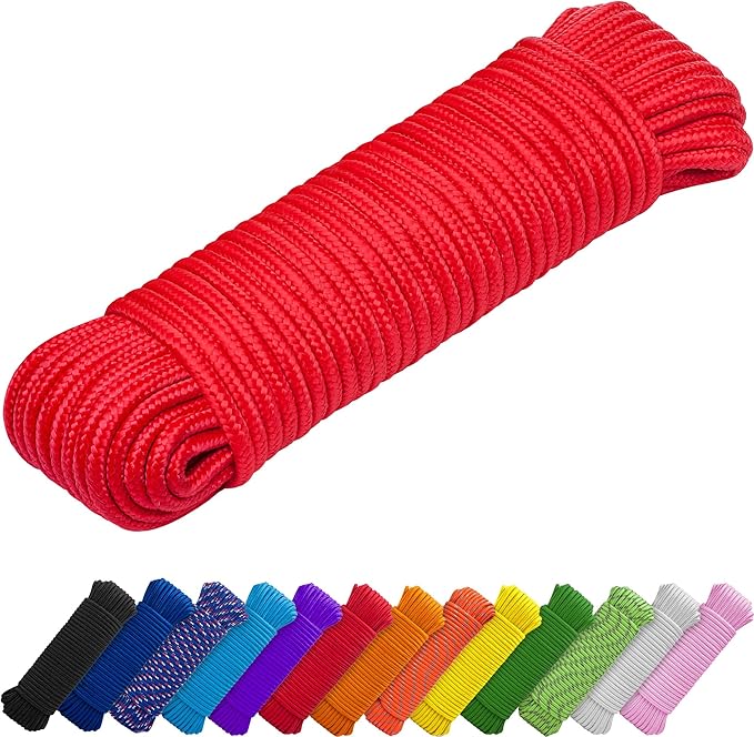 TECEUM Rope – 150 Feet x 1/4 Inch (7mm) – Red – Strong All-Purpose Utility Rope – Camping, Crafting, Flag Pole, Indoor & Outdoor – Polypropylene Nylon Poly Lightweight Diamond Braided Cord
