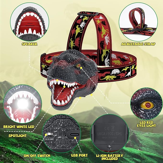Nitigo Dinosaur Headlamp for Kids Flashlight Rechargeable Led Headlights Roar & Silent Mode, T-Rex Dinosaur Toys for Kids 3-5 4-6 5-7 6-8, Camping Gear, Easter Gifts for Boys Girls Adults