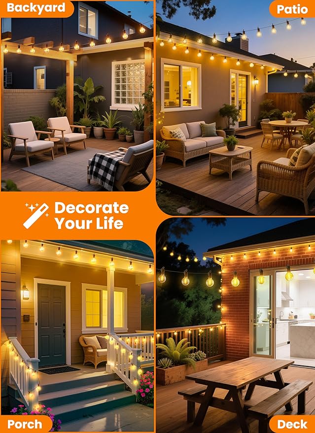 Outdoor String Patio Lights, 25FT 12 LED Patio Lights Waterproof, Connectable Shatterproof Hanging Outside String Light for Backyard, Porch, Deck, Balcony, Garden, House Decor, 2200K