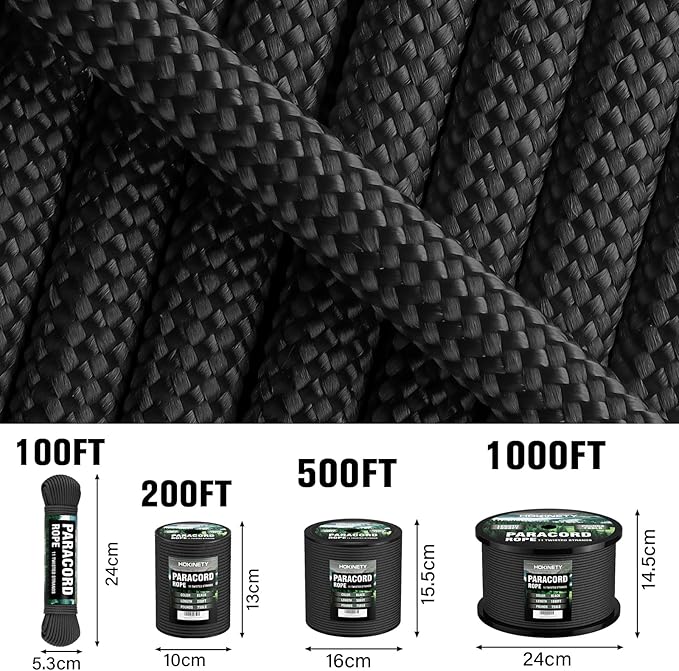 Paracord Rope 750 - Parachute para Cord 4mm 11 Strand Spool Rope Utility Nylon String for Outdoor Camping Survival Utility Tent Crafting DIY Projects - Black 100ft