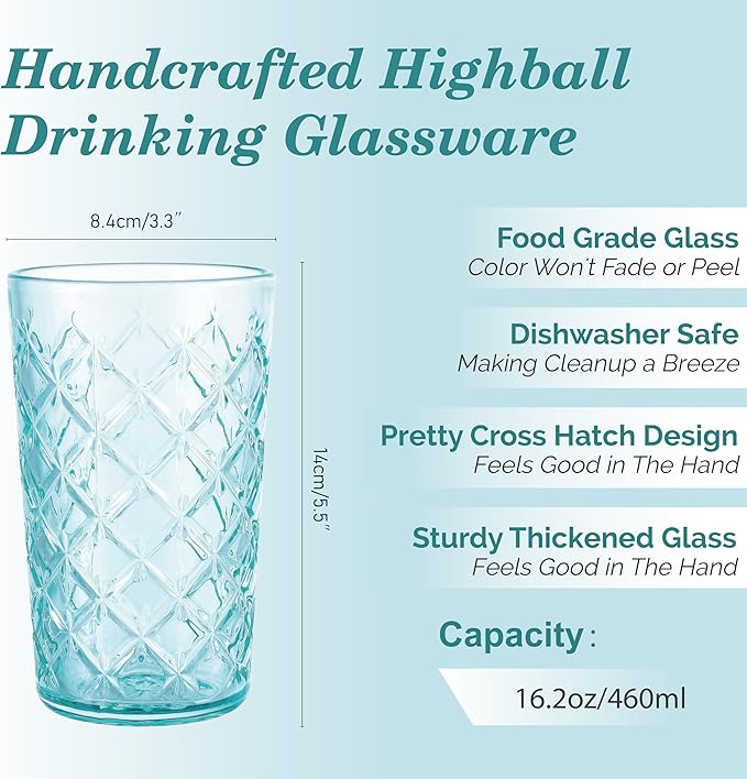 CREATIVELAND Drinking Highball Glasses Set of 4, Vintage Cross Hatch Glass Cups, 15.5oz Tall Drinking Water Glasses, Dishwasher Safe Blue Glass Tumbler Glassware for Water, Juice, Cocktail, Coffee
