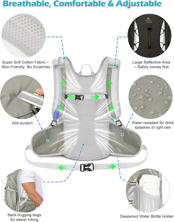 Hydration Backpack with 2L Water Bladder - Lightweight 15L Daypack with Phone-Sized Hip Belt Pockets, Anti-Chafe Cotton Edging & No-Bounce Straps - Small Water Backpack for Hiking, Running, Skiing