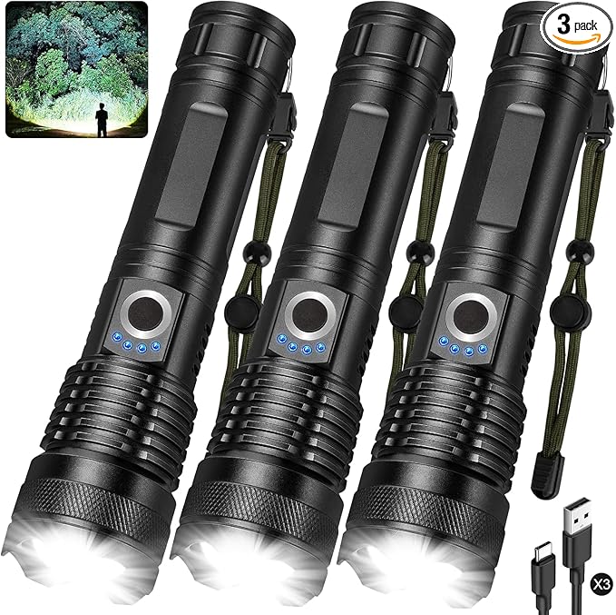 3 Pack Rechargeable LED Flashlights 990,000 Lumens, Adjustable, 5 Modes, IPX7 Waterproof, Powerful Handheld Flash Lights for Camping Hiking Emergency Home