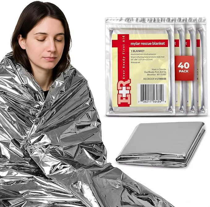 Mylar Emergency Thermal Blankets – Large 54” x 84” Silver Survival Blankets for Outdoors, First Aid, Camping, Hiking, Disaster & Emergency Preparedness - 40 Count