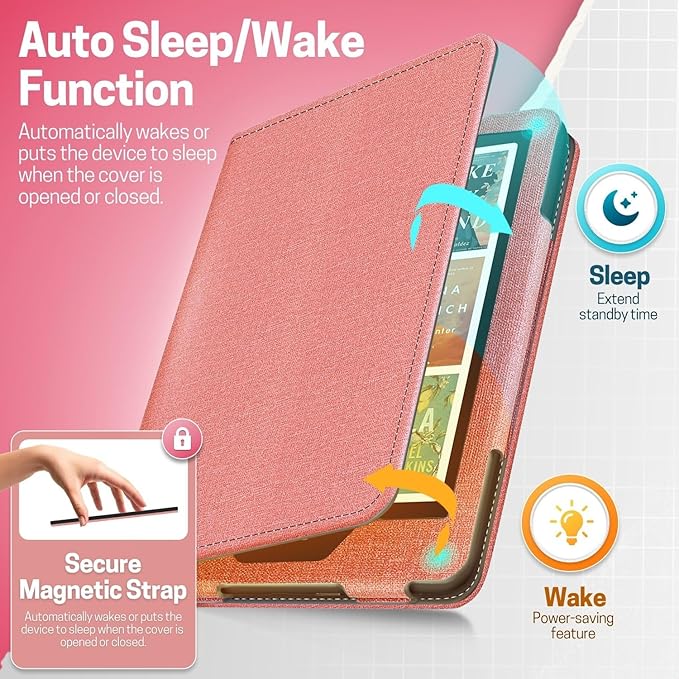 TNP Stand Case with Strap for Kindle Paperwhite 12th Gen 2024 / Kindle Colorsoft Signature Edition - 7" PU Leather Protective Folio Cover with Auto Wake/Sleep & Card Slot, Pink