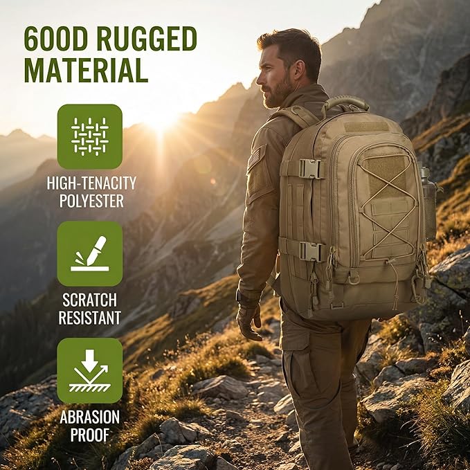 Large Military Bug Out Bag 3 Day Pack Expandable Backpack Army Daypack for Outdoor Hiking Hunting (Tan)