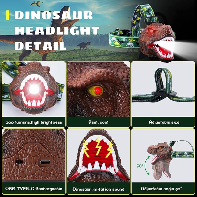 Dysaim Kids Headlamp, Dinosaur LED Rechargeable Headlamp for Kids Flashlight Outdoor Camping Essentials Gear, Dinosaur Toys Headlight for Boys Girls/Adults, Ideal Gift Toys for Birthday Rave Party