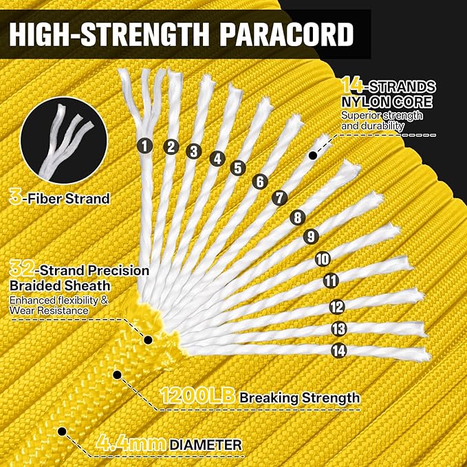 1200 Paracord Rope - 4.4mm 14 Strand Nylon Parachute Spool para Cord Lanyard for Outdoor Camping Survival Utility Tent Crafting DIY Projects Fishing Clothsline Bracelet - Yellow100FT