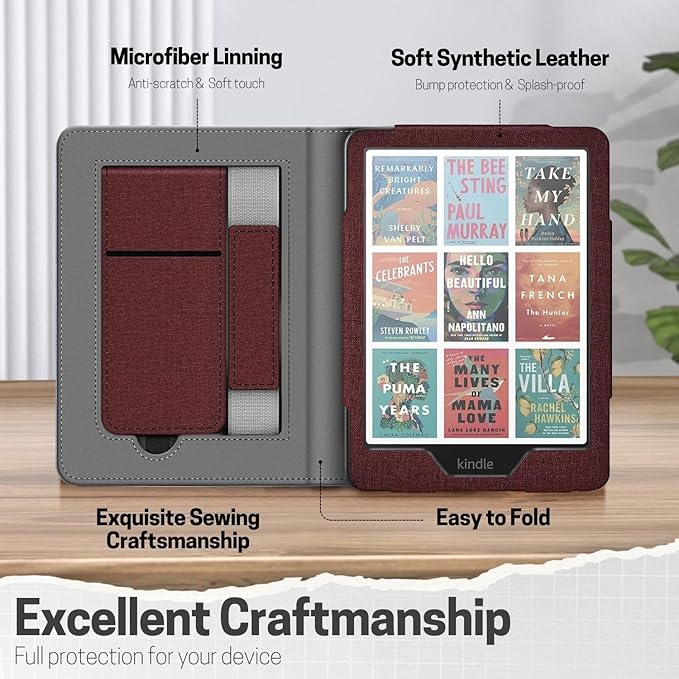 TNP Stand Case with Strap for Kindle Paperwhite 12th Gen 2024 / Kindle Colorsoft Signature Edition - 7" PU Leather Protective Folio Cover with Auto Wake/Sleep & Card Slot, Dark Red