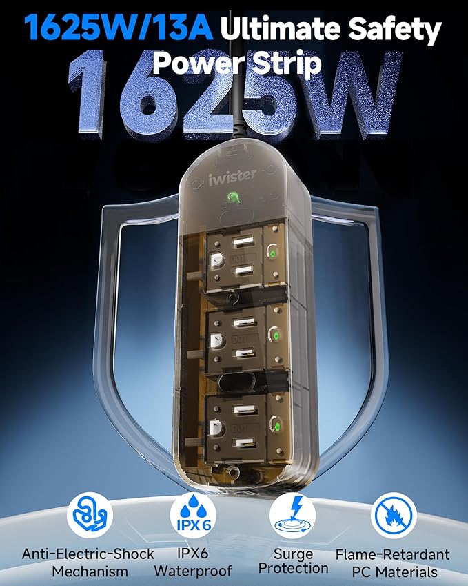 Outdoor Power Strip, 3 AC Outlets, 15 FT, 1625W/13A High-Power Single-Device Use, with Anti-Electric Shock & IPX6 Waterproof, Ideal for Backyard, Patio, Garage, Kitchen, Workshop, Camping, RV