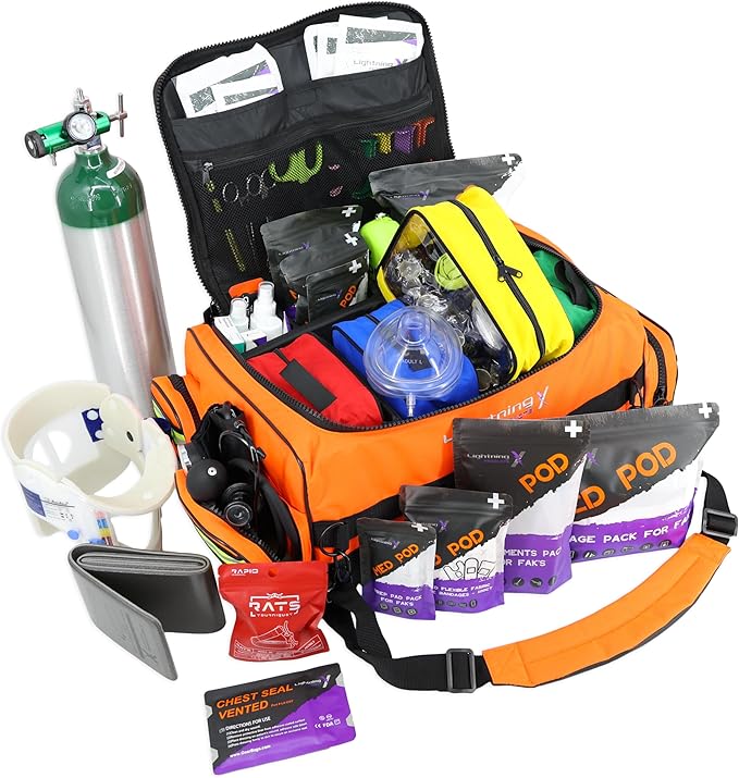 Lightning X Fully Stocked X-Tuff Modular Oxygen Trauma Bag w/Removable Organizer Pouches for EMS/EMT + First Responder - Orange