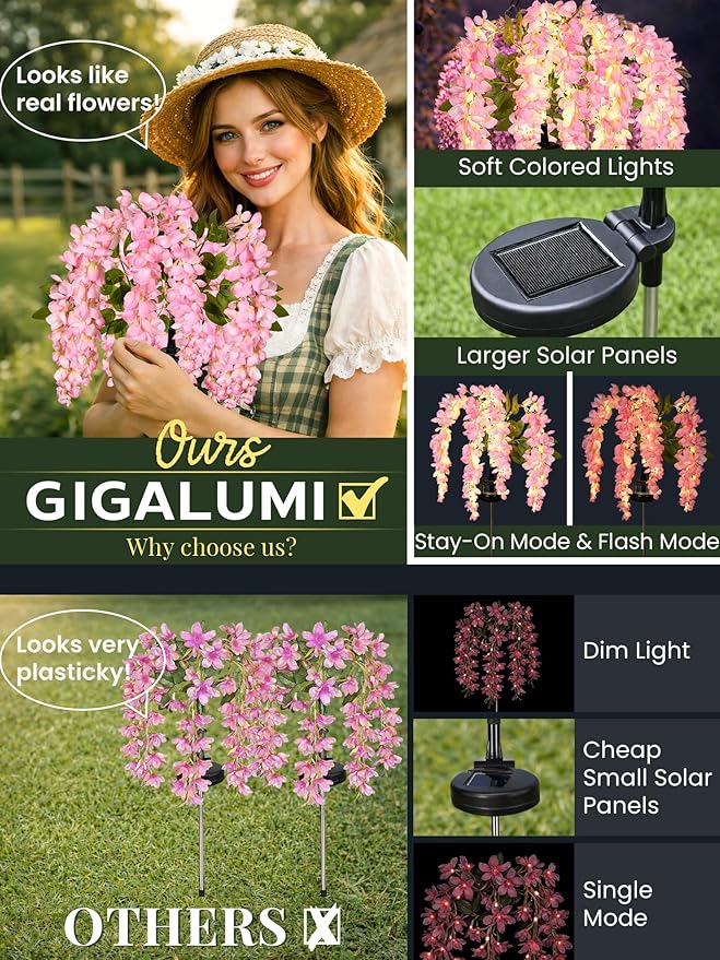 GIGALUMI Solar Lights Outdoor for Garden Decor, 2 Pack Solar Flower Lights Waterproof, 2 Lighting Modes Wisteria for Pathway,Yard, Patio Decoration, Gardening Gifts for Women (Pink)
