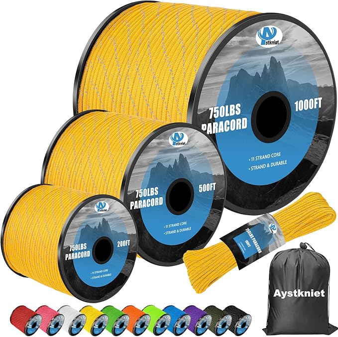 750Ib Reflective Paracord Rope,100' 200' 500' 1000', 4mm 11 Strand Parachute Spool Cord with Collecting Bag, para Cord Lanyard for Hammock, Camping