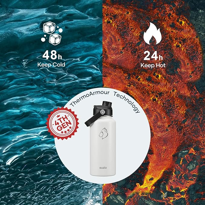 BUZIO 32 oz Water Bottle Insulated, Leakproof Stainless Steel Flask (Cold for 48 Hrs), Wide Mouth BPA-Free Metal Thermo Hydro Canteen with 2 Lids, White