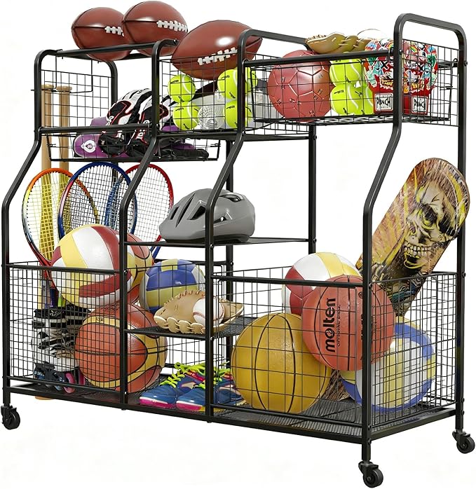 Garage Sports Equipment Organizer with Wheels - Ball Storage Rack with Elastic Rope or Wire Mesh,Garage Organizer System,Indoor/Outdoor Sports Rack for Sports Gear and Toys Storage,Black