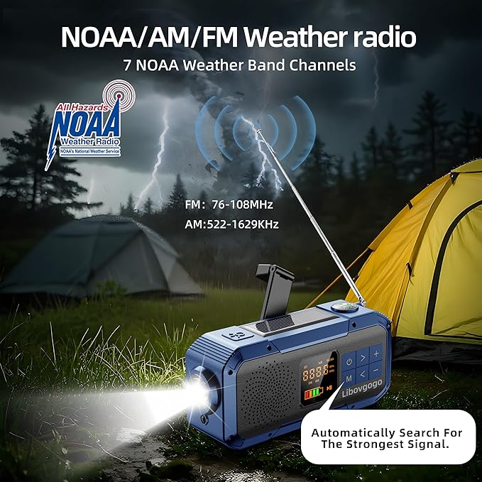 Emergency Weather Radio with IPX5 Waterproof Portable Bluetooth Speaker,USB-C Solar Hand Crank,NOAA Alarm AM FM Radio,Flashlight,SOS Alarm,2000mAh Cell Phone Charger for Camping and Survival (Blue)