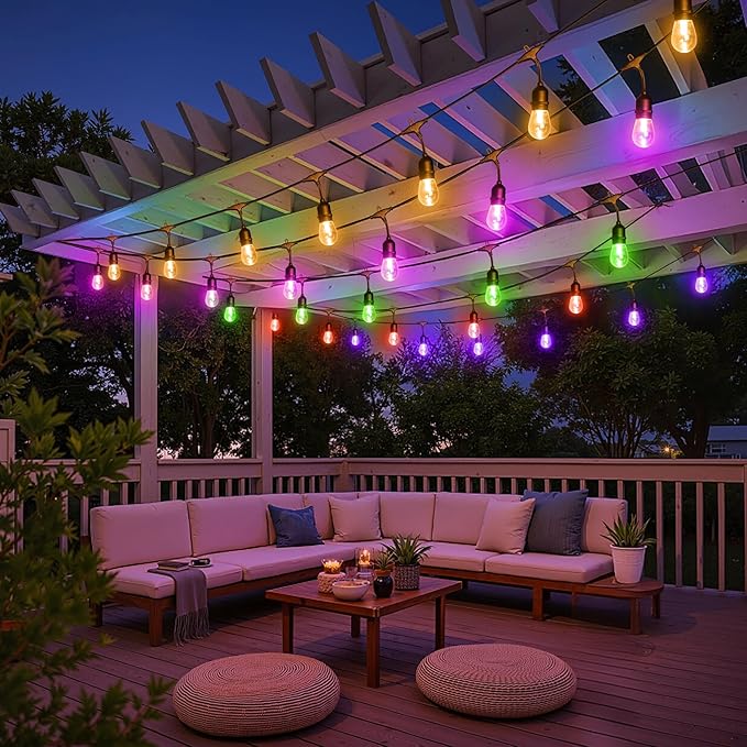 Larkvue 96FT(2X48FT) RGBW Outdoor String Lights with Remote, Patio Lights with 30+3 Vintage S14 Dimmable Waterproof Bulbs for Xmas Bistro Cafe Outside