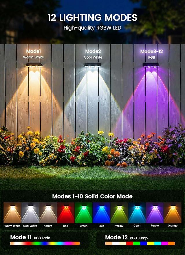 Brightown 12 Pack Solar Lights Outdoor Waterproof, Color Changing Solar Fence Deck Step Flood Lights, Warm White & RGBCW 11 Color, IP65 Waterproof Garden Lights for Outside Backyard Yard Step Patio