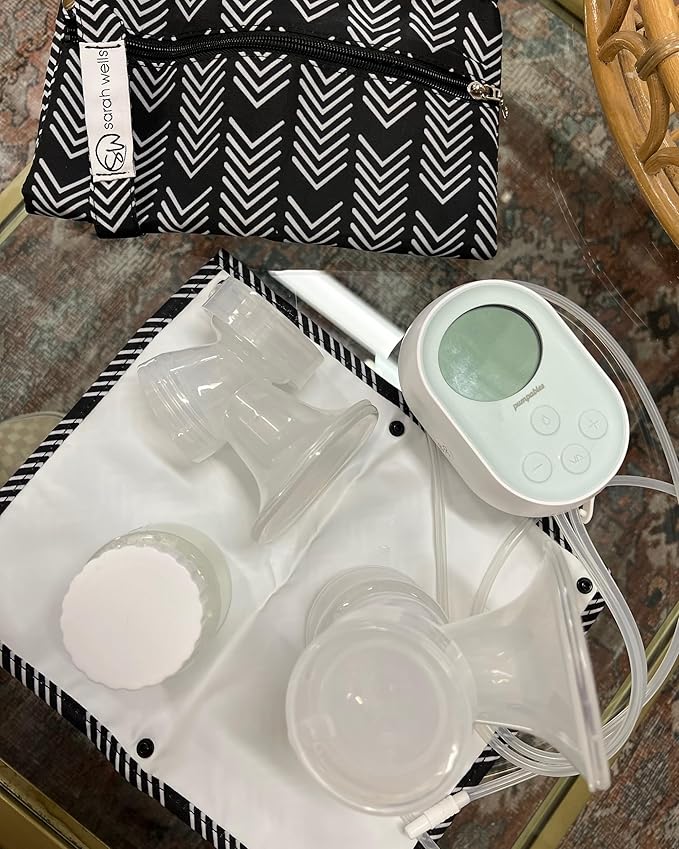 Sarah Wells Pumparoo Wet Dry Bag for Breast Pump Parts – Compact Organizer with Waterproof Pocket, Staging Mat & Fridge Hack – Machine Washable Pumping Accessory (Black & White)