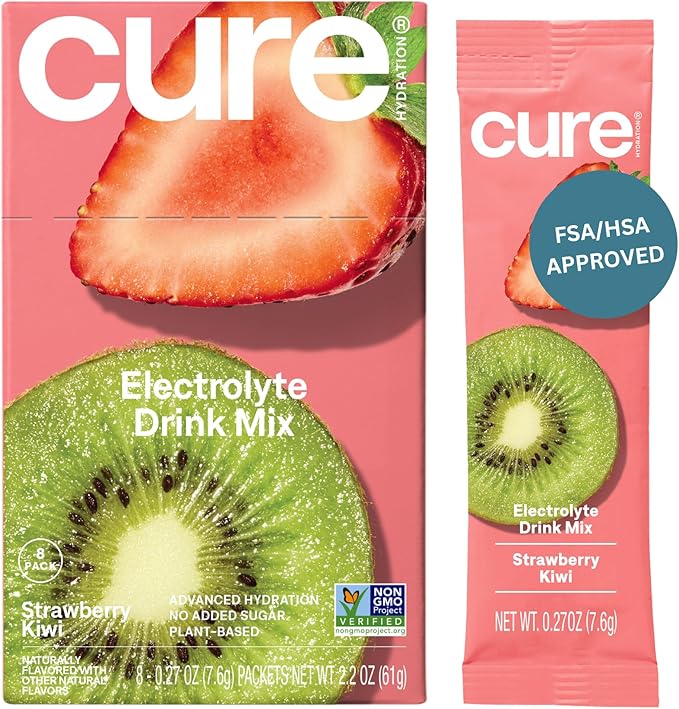 Cure Hydration Plant-Based Electrolyte Drink Mix | No Added Sugar | Dehydration Relief | Coconut Water Powder | FSA-HSA Eligible | Non-GMO, Vegan | 8 Packets – Strawberry Kiwi