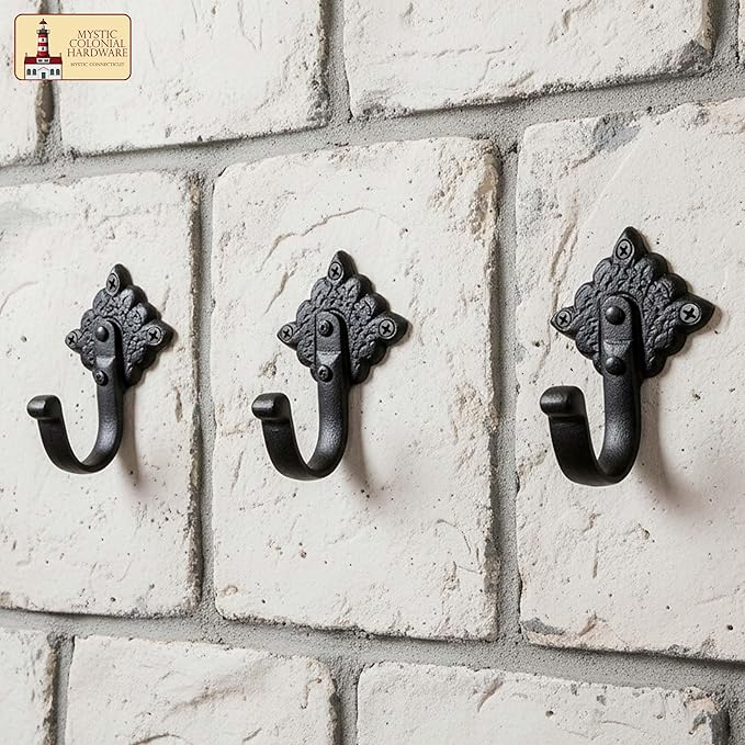 Mystic Colonial Rustic Cast Iron Wall Hooks Heavy Duty Vintage Utility Hooks for Hanging Coats, Towels, Bags, Robes, Hats & More Decorative Wall Mount Hooks, Pack of 10