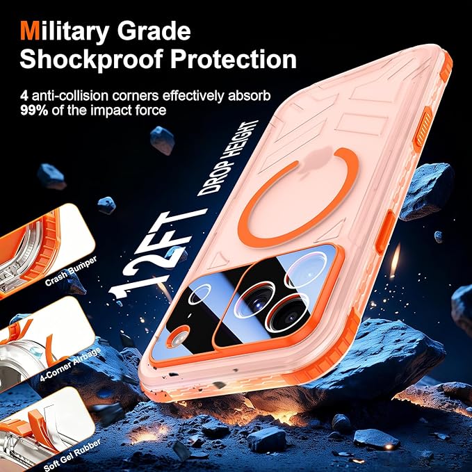 SPIDERCASE Magnetic for iPhone 17 Pro Max Case Waterproof,[Built-in Screen & Camera Protector] [IP68 Underwater] 12FT Military Shockproof, Dustproof, Anti-Scratched Phone Case,Orange/Clear