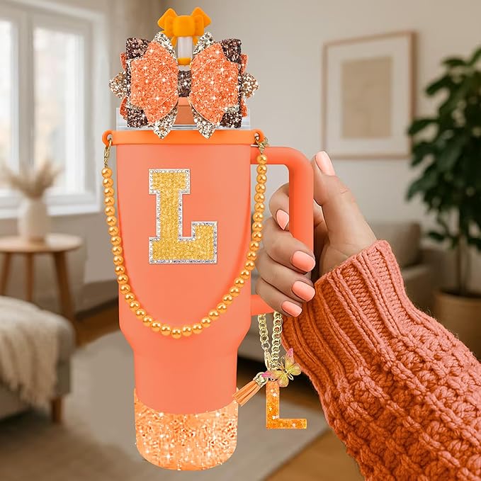 9PCS Orange for Stanley Cup Accessories Set Bling Initials Bow Charms for Stanley Decorations 30/40 Oz Tumbler Accessories Including Bow Straw Topper, Handle Strap, Spill Stopper（Letter L）
