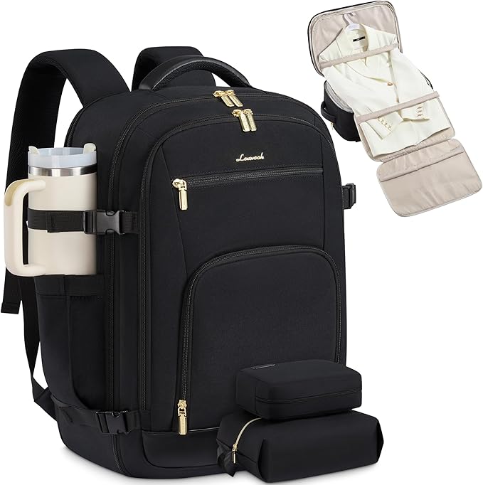 LOVEVOOK Travel Backpack for Women, 50L Carry On Backpack Flight Approved with Garment Bag, TSA Personal Item Travel Bag Fit 17 Inch Laptop, Business Weekender Waterproof Daypack With 2 Cubes, Black