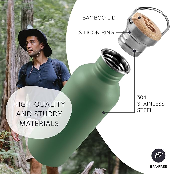 Bambaw Stainless Steel Water Bottle, 500 ml, Green Water Bottle, Non-Insulated Sports Bottle, Children's Metal Bottle, Bicycle Bottle, BPA-Free – Sage Green