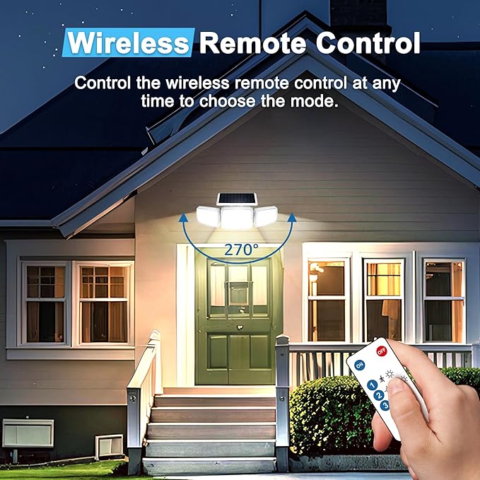 White Solar Security Light Outdoor Super Bright LED, Motion Sensor Solar Flood Light, 3 Heads 270° Wide Angle, Remote Control,IP65 Waterproof, 3 Modes (4 Packs)