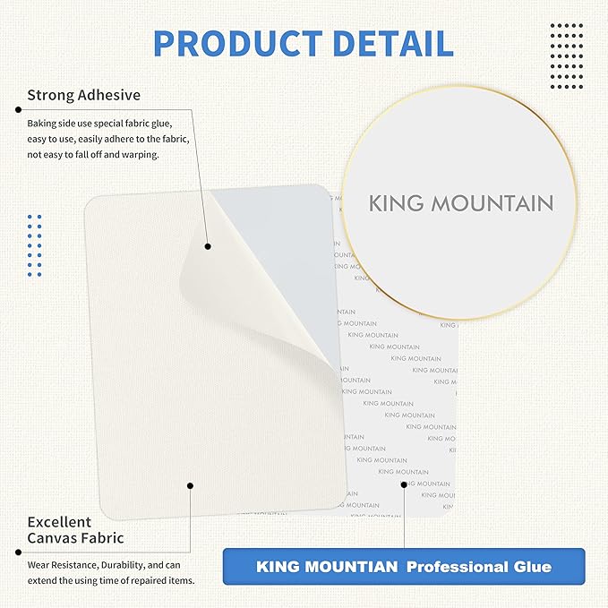 KING MOUNTAIN Canvas Repair Patch 5×8 Inch 8 Pcs Self-Adhesive Waterproof Fabric Patch for Sofas, Tents, Furniture,Tote Bags, Car Seats (Off White)