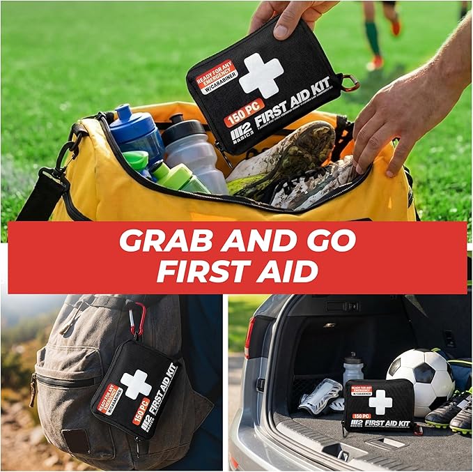 M2 BASICS Compact First Aid Kit, 150 Pieces, Portable Emergency Kit with Carry Bag and Carabiner for Travel, Car, Hiking, Purse