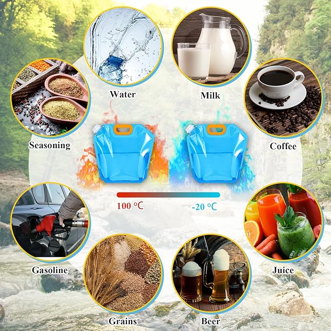 Tessco for you 8 Pack 1.3 Gallon Collapsible Water Storage Bag Water Container Emergency Jug Plastic Storage Pouch Freezable Carrier Tank Foldable Bottle for Outdoor Sport Camping (Blue)
