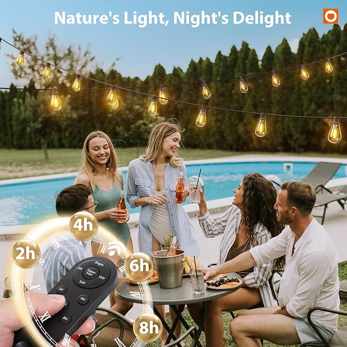 addlon 54FT(48FT+6) Solar String Lights Outdoor Waterproof with USB Port & Remote Control Solar Patio Lights for Outside Solar Powered with 16 LED Dimmable Bulbs for Porch Garden Deck Halloween