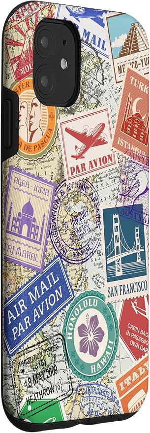 World Map Travel Passport Stamps Postage Stamp Case for iPhone 11