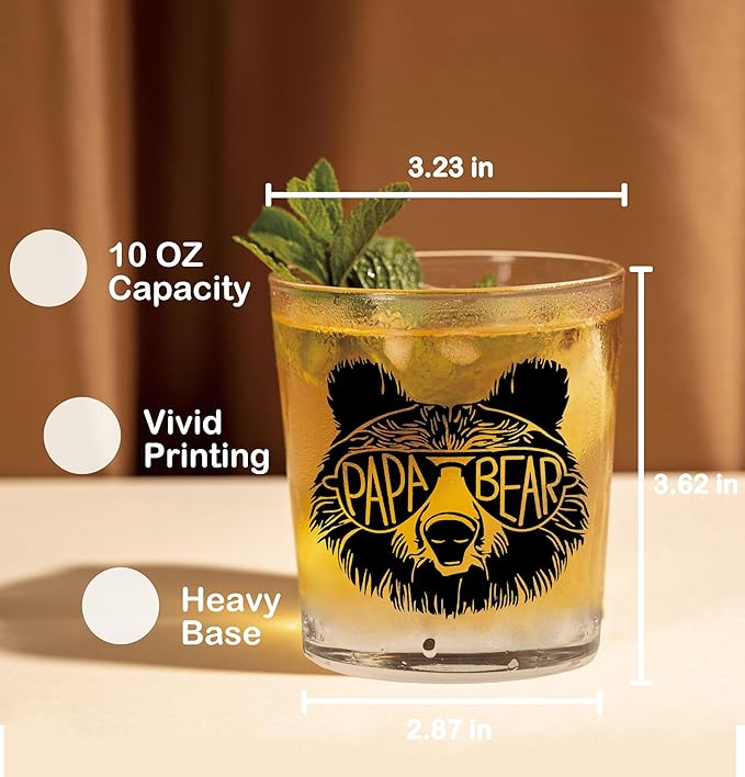 Nogrit Papa Bear Whiskey Glasses 10 oz, Papa Dad Gifts for Father's Day Birthday from Son Daughter Old Fashioned Rocks Glasses for Men Drinking Cocktail Scotch Vodka Tequila Rum