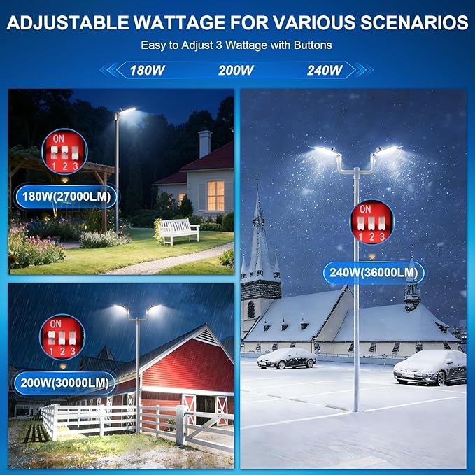 LED Parking Lot Light 240W/200W/180W, 36000LM Parking Lot Lights Outdoor 5 in 1 Dusk to Dawn Photocell IP65 Watereproof 100-277V LED Street Light Commercial for Stadium Barn Yard Lighting
