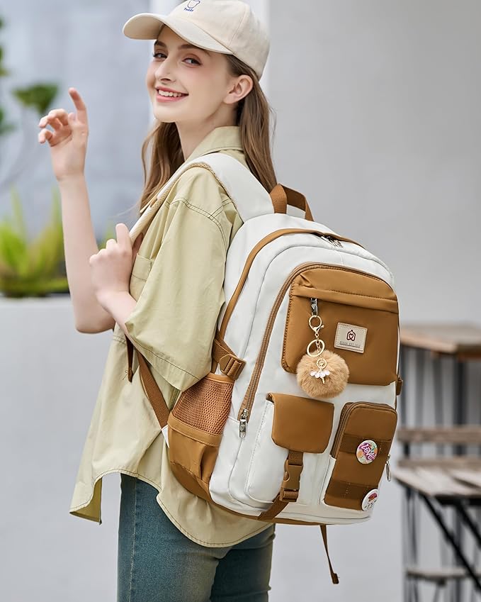 Hidds Laptop Backpacks 15.6 Inch School Bag Elementary Middle High College Backpack Cute Bookbags Anti Theft Travel Back Pack Casual Daypack Kids Book Bag for Teens Girls Women Students-Brown Beige