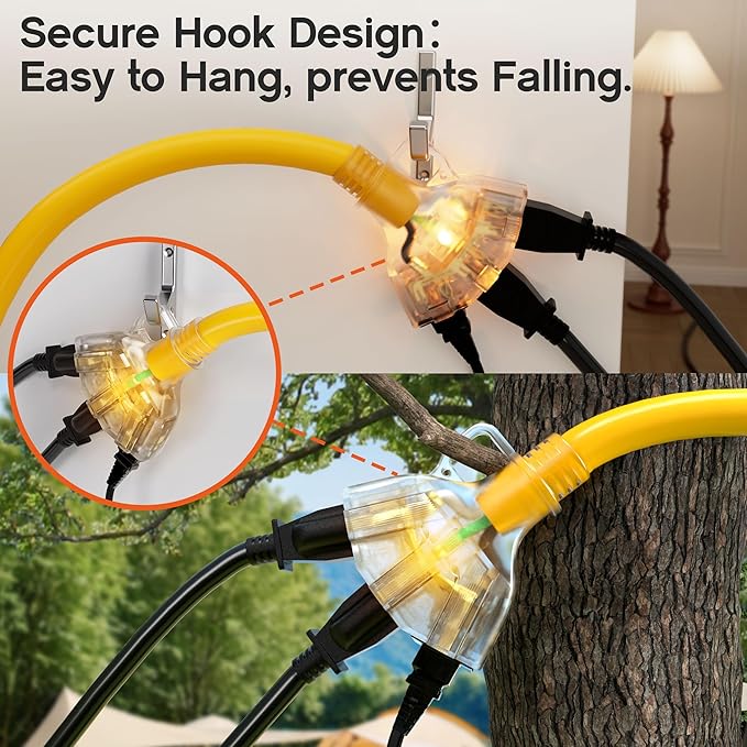 15ft 12 Gauge Heavy Duty 3 Outlet Extension Cord Splitter with Indicator, Waterproof Outdoor Extension Cord with Multiple Outlets, 15A 1875W for Garden, ETL Listed, Flexible Yellow SJTW