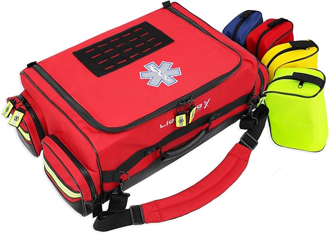 Lightning X Fully Stocked X-Tuff Modular Oxygen Trauma Bag w/Removable Organizer Pouches for EMS/EMT + First Responder - Red