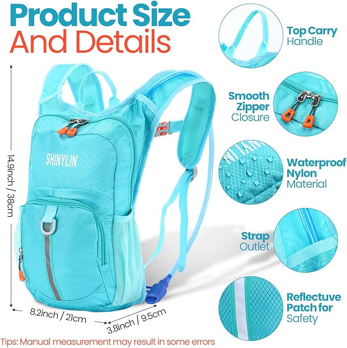 Shinylin 2 Pcs Kids Hydration Backpack with 1.5L Water Bladder Lightweight Kids Hiking Backpack Water Rucksack for Boys Girls Climbing Running