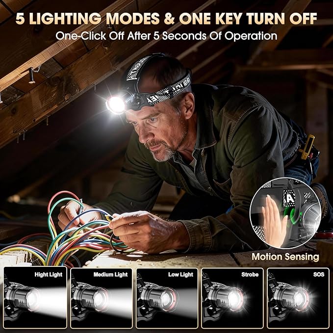 ATDOALL Super Bright LED Headlamp 4 Pack, High Lumen Rechargeable Head Lamp with Motion Sensor, 5 Modes, IPX5 Waterproof, 90° Adjustable, Zoomable Head Lights for Adults, Hard Hat, Outdoor, Camping