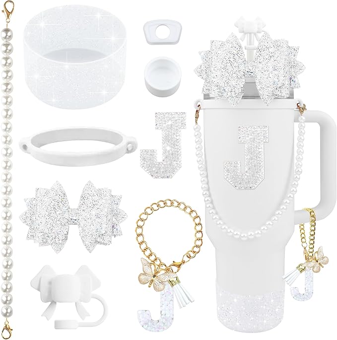 9PCS White for Stanley Cup Accessories Set Bling Initials Bow Charms for Stanley Decorations 30/40 Oz Tumbler Accessories Including Bow Straw Topper, Handle Strap, Spill Stopper（Letter J）