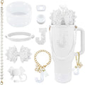 9PCS White for Stanley Cup Accessories Set Bling Initials Bow Charms for Stanley Decorations 30/40 Oz Tumbler Accessories Including Bow Straw Topper, Handle Strap, Spill Stopper（Letter J）